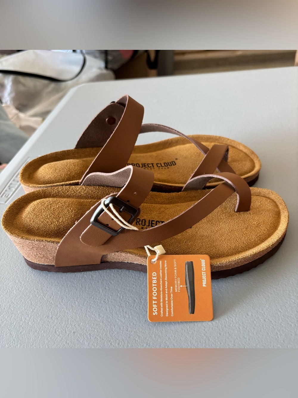 Project Cloud Women 100% Genuine leather Sandals memory foam insole in Tan
